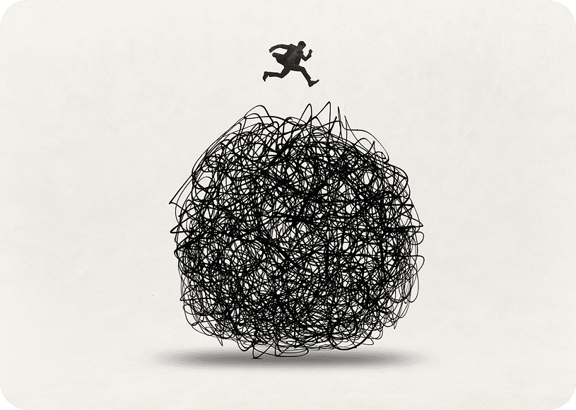 Person running over tangled scribble ball.