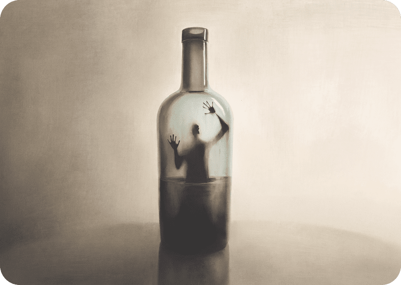 Enclosed figure reaching out inside bottle
